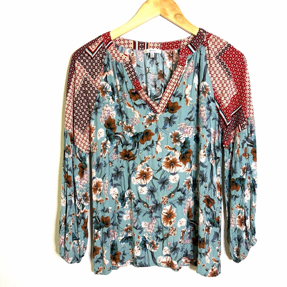JODIFL Floral Patchwork Blouse Blue brown cottagecore peasant top sz S popover